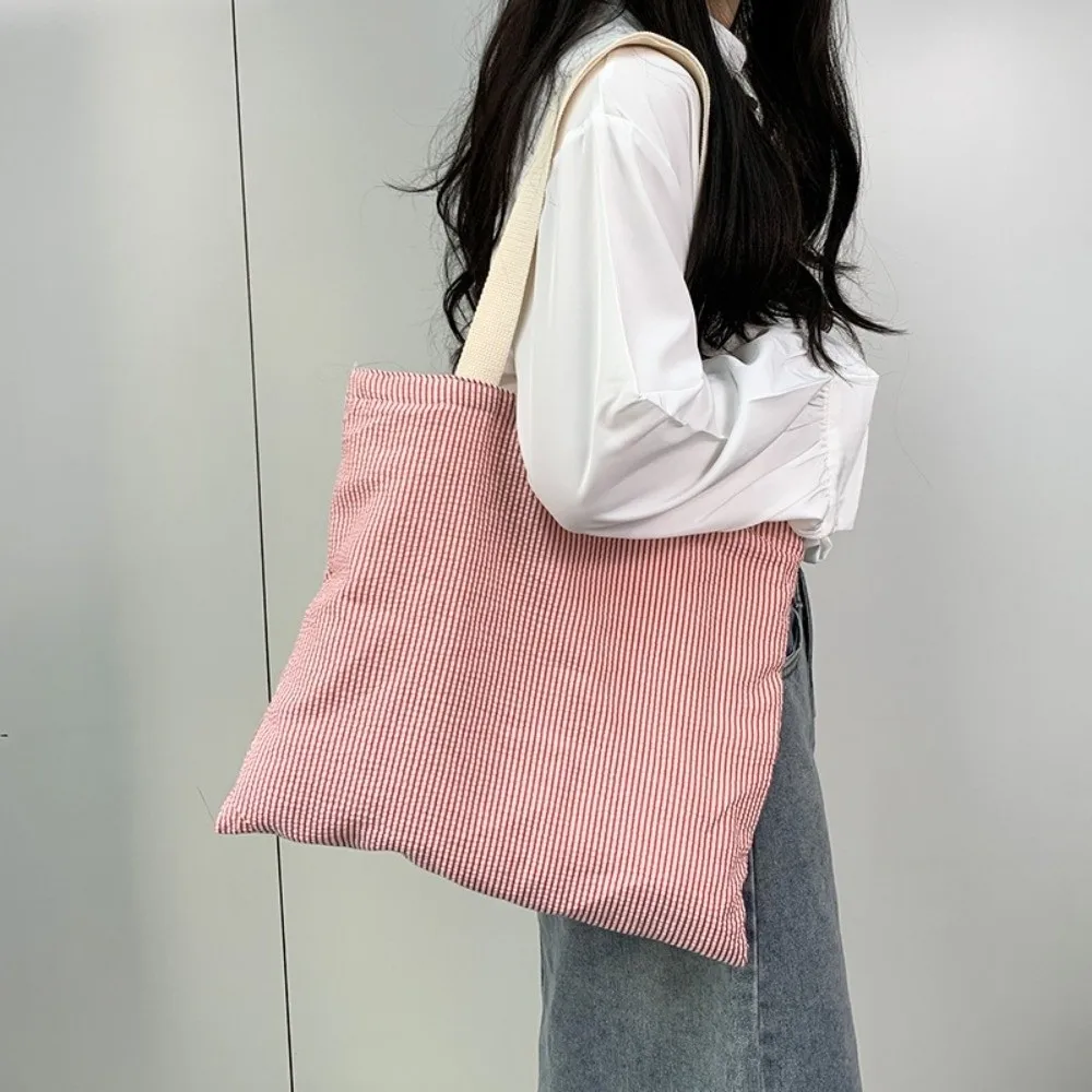 Simple Canvas Shoulder Bag Contrast Color Large Capacity Stripe Handbags Square-shaped Shopping Bag Women
