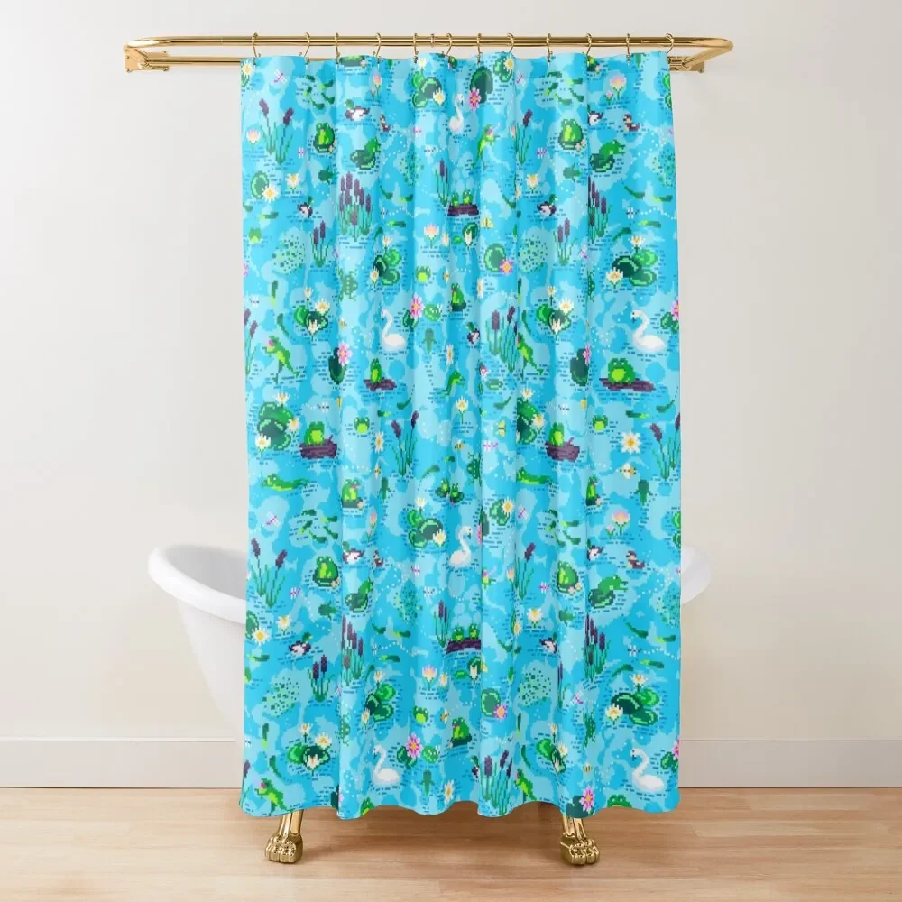 A Very Froggy Frog Pond Pixel Art Shower Curtain Bathroom And Shower Curtain