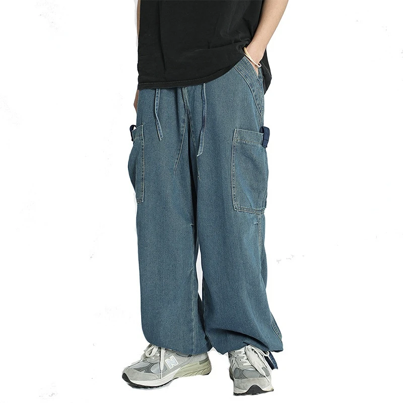 

Men's Oversized Hip Hop Jeans Pants Baggy Cargo Denim Trousers With Pockets Loose Fit Harajuku Cowboy Bottoms Elastic Waist