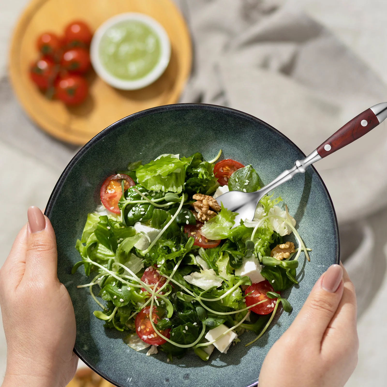 

4Pcs Stainless Steel Wood Handle Sporks Reusable Salad Forks Dessert Dinner Metal Flatware Kitchen Tools Sporks Reusable