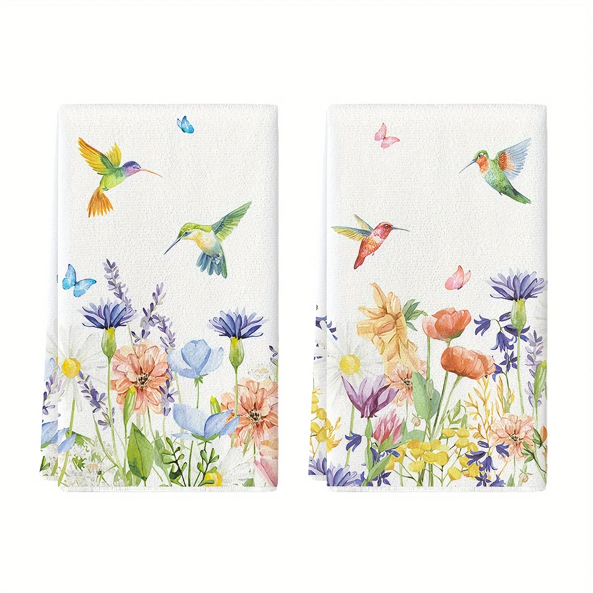 2PCS anemone flower hummingbird kitchen dish towels, seasonal spring and summer wildflower holiday decoration hand towels