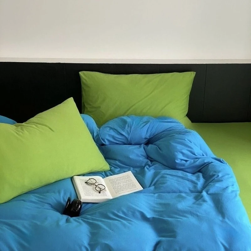 New Heidelberg Story A Class Knit Cotton Bedding Set,Pure Cotton 4pcs Bed Sheet Duvet Cover Fitted Sheet Blue Green Home Linens