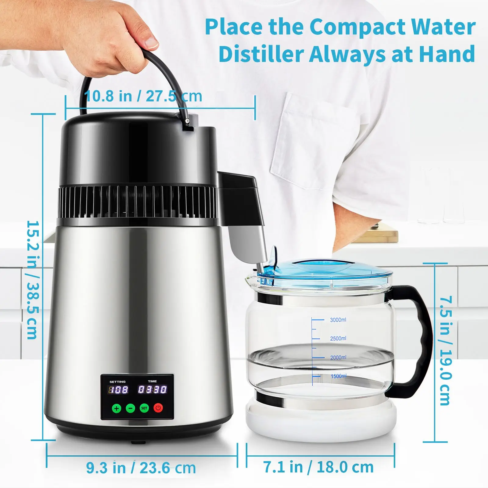 1.1 Gal Water Distiller, 0.3 Gal/H, 750W Distilled Water Maker Machine 0-99H Timing Set Temp Display, 304 Stainless Steel Countertop Distiller Glass Carafe Cleaning Powder 3 Carbon Packs, Silver