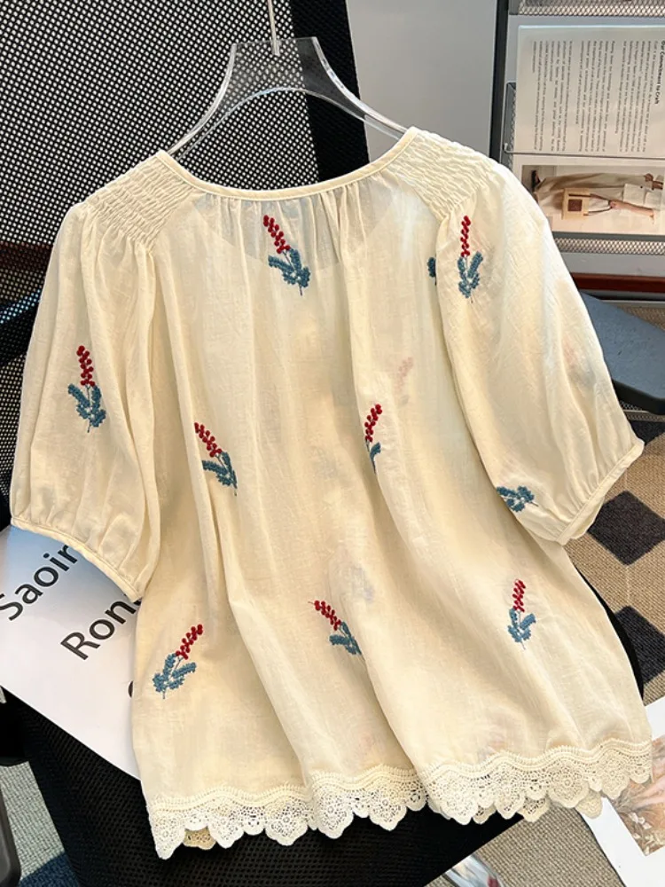 

Ele Embroidered Lace Hem ort Sve irt Women's Summer Faion Korean Sle Loose Fit Button Detail Bubble Sve Top