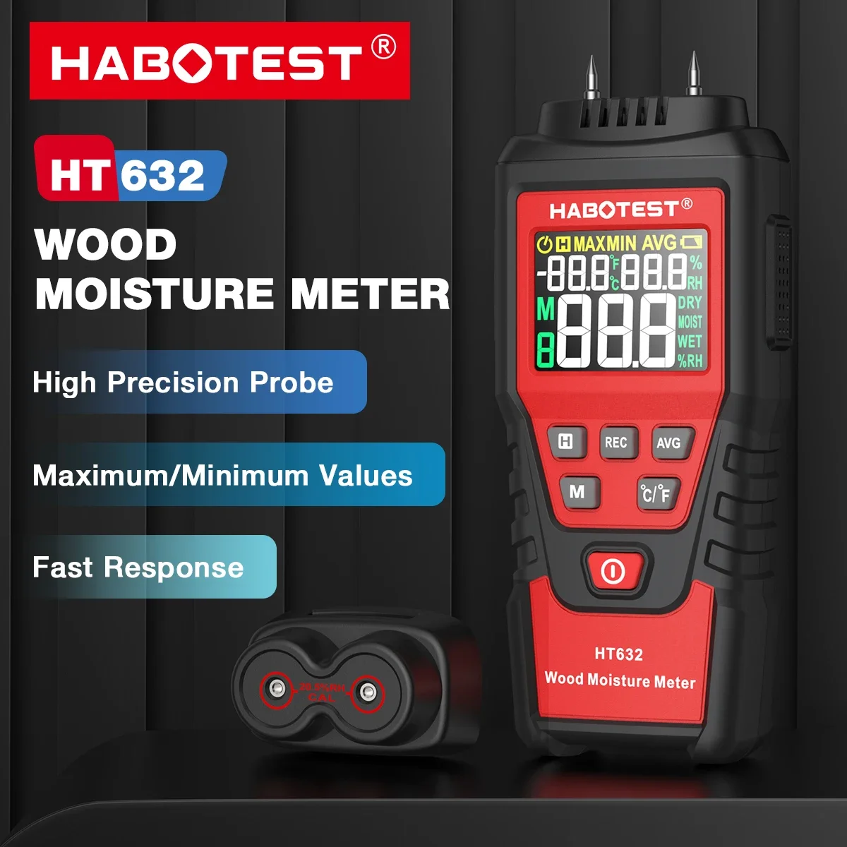 HT632 Wood Moisture Meter Wall Water Tester Digital Humidity Meter HABOTEST Two Pins Hygrometer Concrete Cement Brick Detector