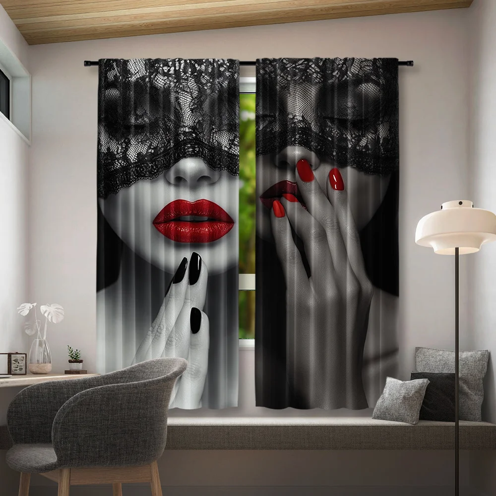 Black Lace Woman Curtains Red Lips Art Print Window Drapes Gothic Fashion Home Decor Living Room Bedroom Sexy Style Elegant