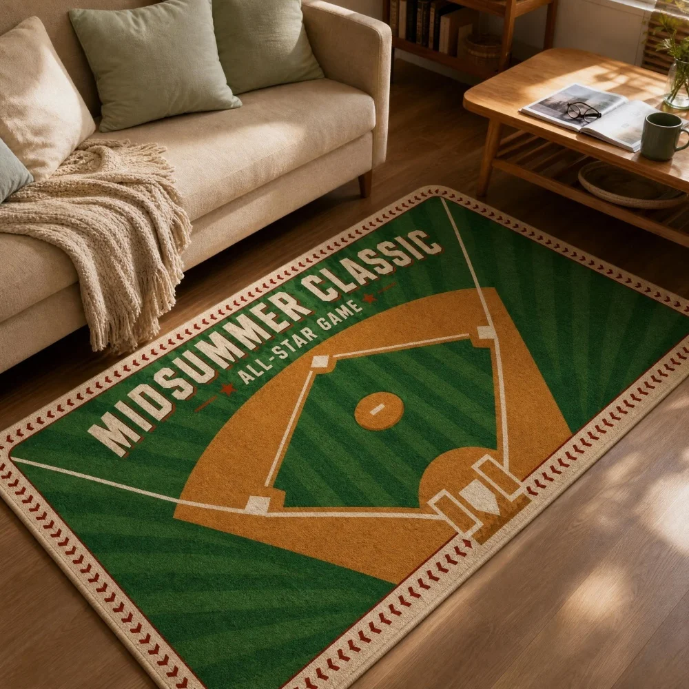 Baseball Field Diamond Flannel Runner Rug, All-Star Game Long Floor Mat, Non Slip Boys Bedroom Sports Room Decor Rug