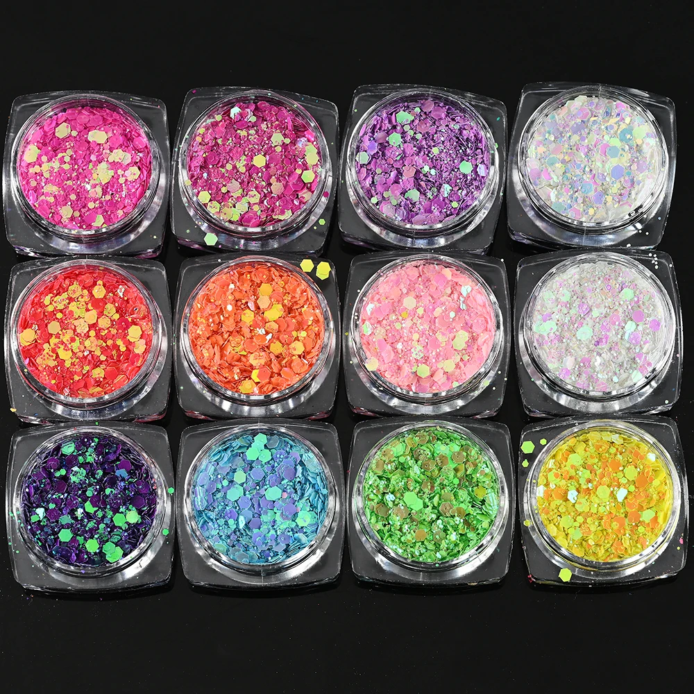 

6/8/10/12Jars Mermad Hexagon Nail Art Glitter 3D Sequins Holographic Flake Powder Paillette Gel Polish Decorations For Nails