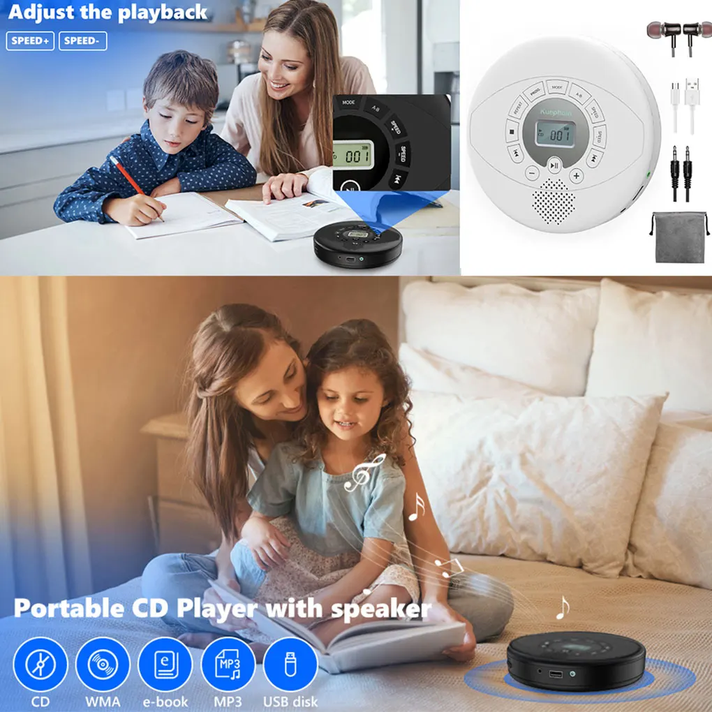 White Portable CD Player Bluetooth CD Walkman Built in Speakers Rechargeable CD Player with USB/AUX/Headphone Port with Earphone