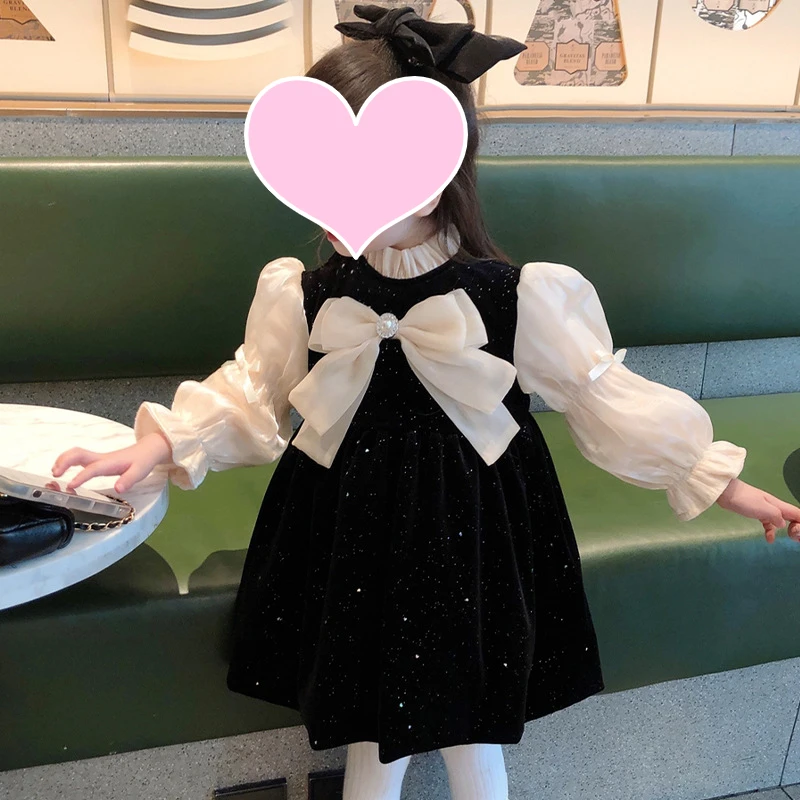 Girls Dress Spring and Autumn French Style Black Princess Dress Outer Wear Sweet Princess Dress Bow Clothing