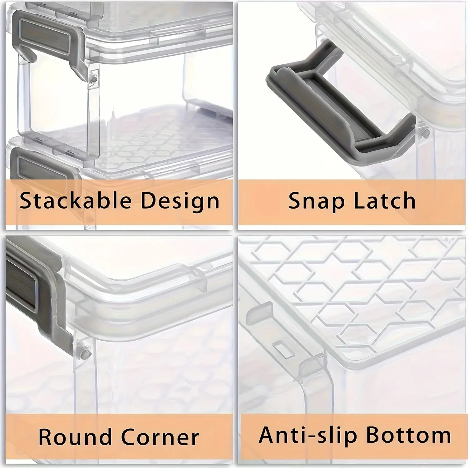 A 6-piece set of transparent plastic storage boxes, featuring a specially designed gray stable buckle ring and a stackable small