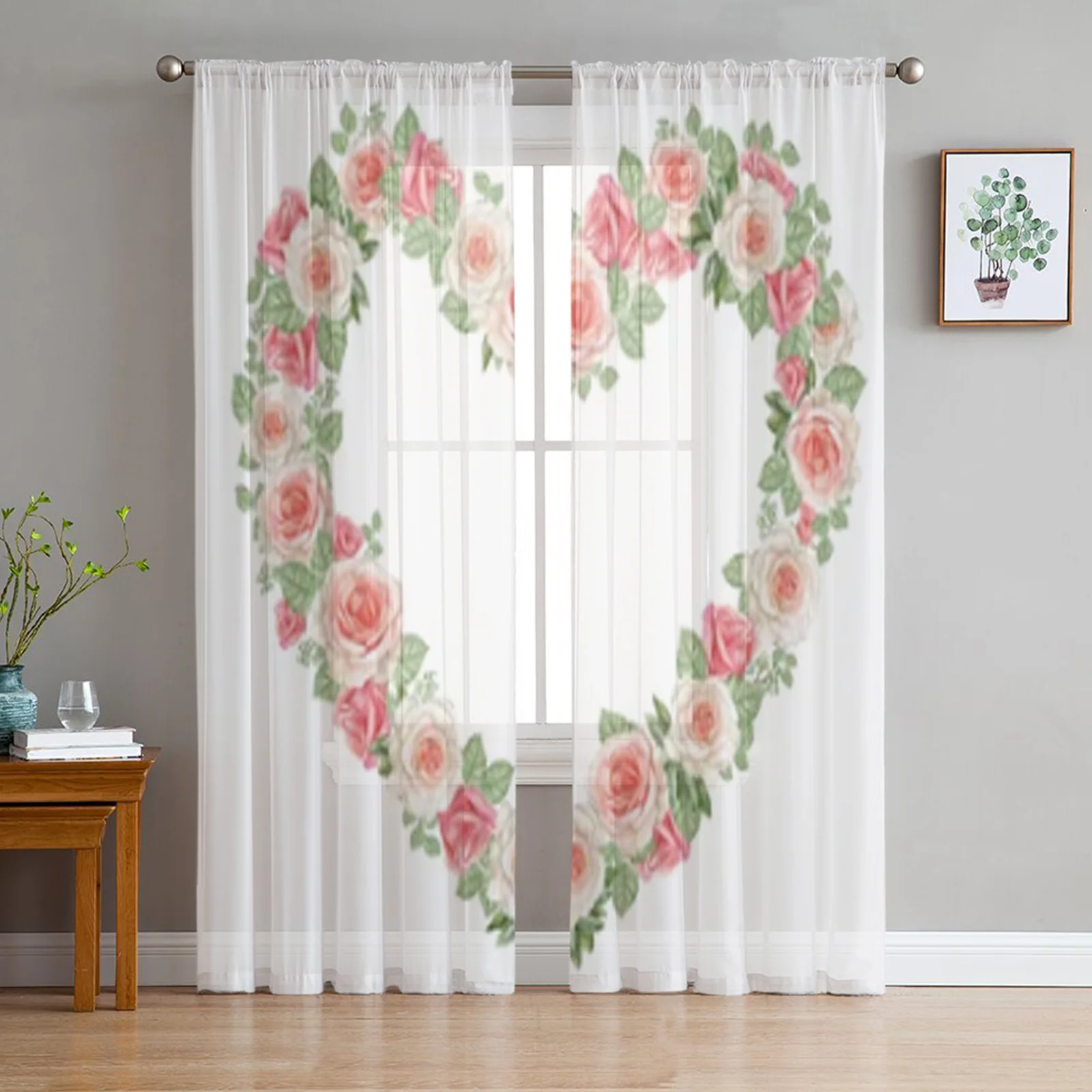 Watercolor Heart Rose Wreath Sheer Curtains For Living Room Window Transparent Voile Tulle Curtain Bedroom Drapes Home Decor