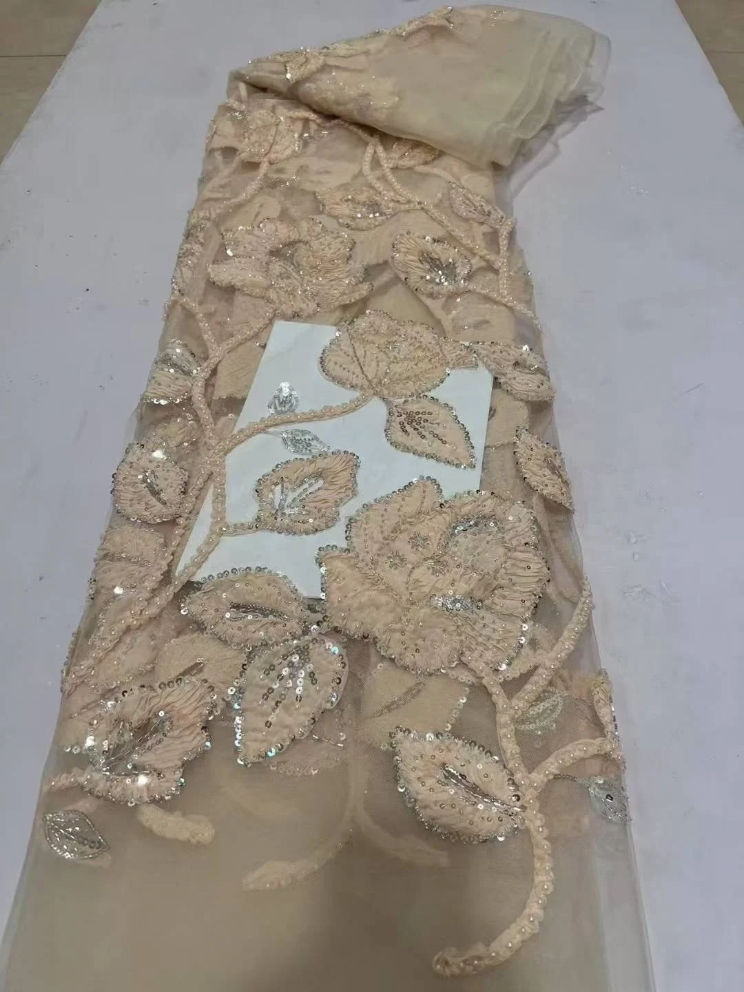 

2025 African Nigerian High-Quality Sequins Embroidery Tulle Lace Fabric Sewing Beads Stone for Prom Dresses 5 Yards DP0435