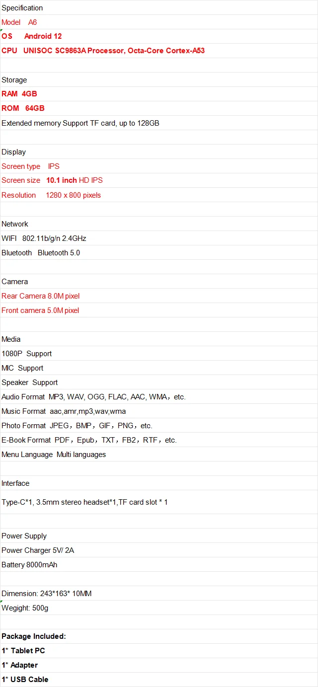 New 10.1“ Android 12 Tablet UNISOC SC9863A Quad-Core CPU 4GB RAM 64GB ROM Dual Cameras 1280 X 800 IPS 8000mAh