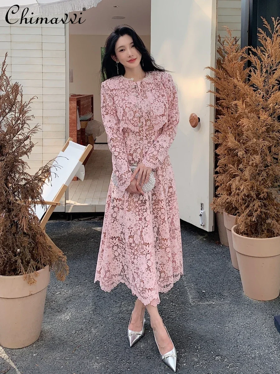 Sweet Ladies Pink Lace Sleeveless Long Dress High-end Long Sleeve Cardigan Jacket Spring Autumn Women Dress Sets Two-piece Set