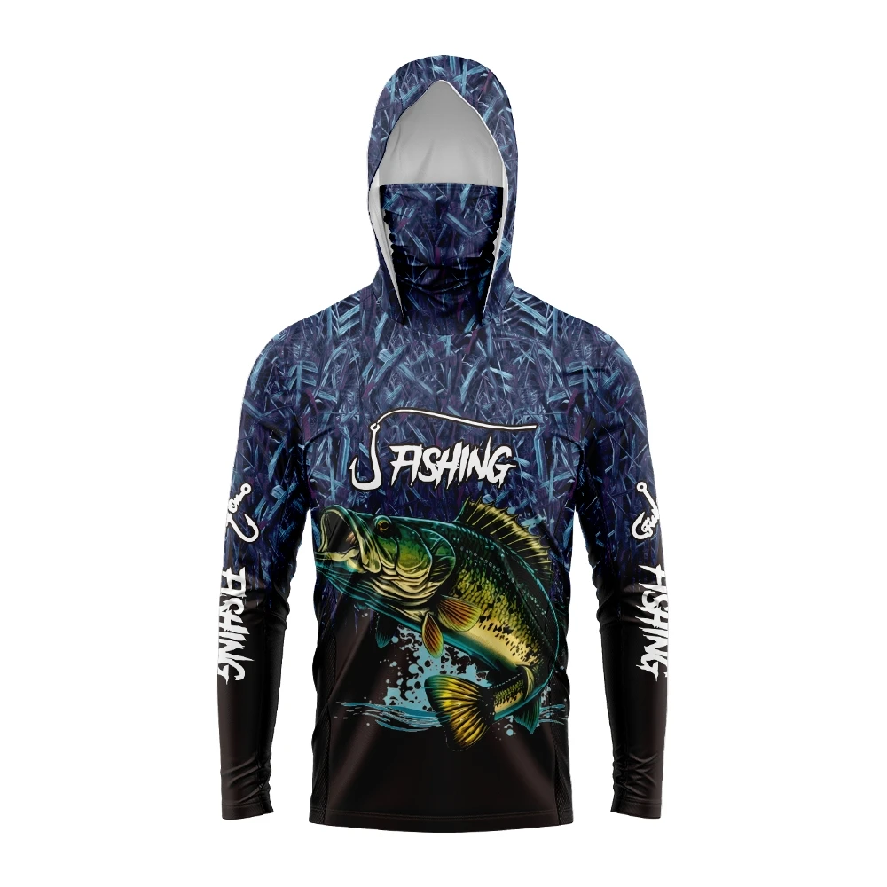 Men Bass Fish Print Fishing Hoodie With Face Mask  Protection Quick Dry Breathable Long Sleeve Outdoor Angling Sports Shirt