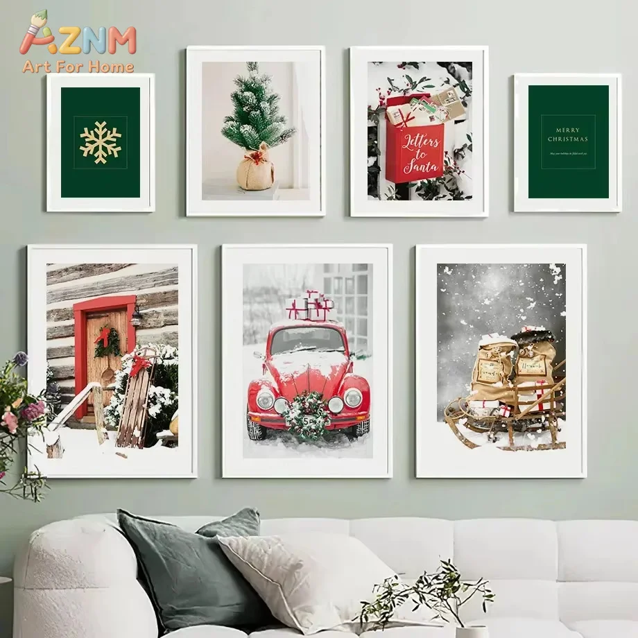 1PC Christmas Squirrel Car Pinecone Snowflake Poster Print Canvas Painting Nordic Landscape Pictures For Living Room Decor