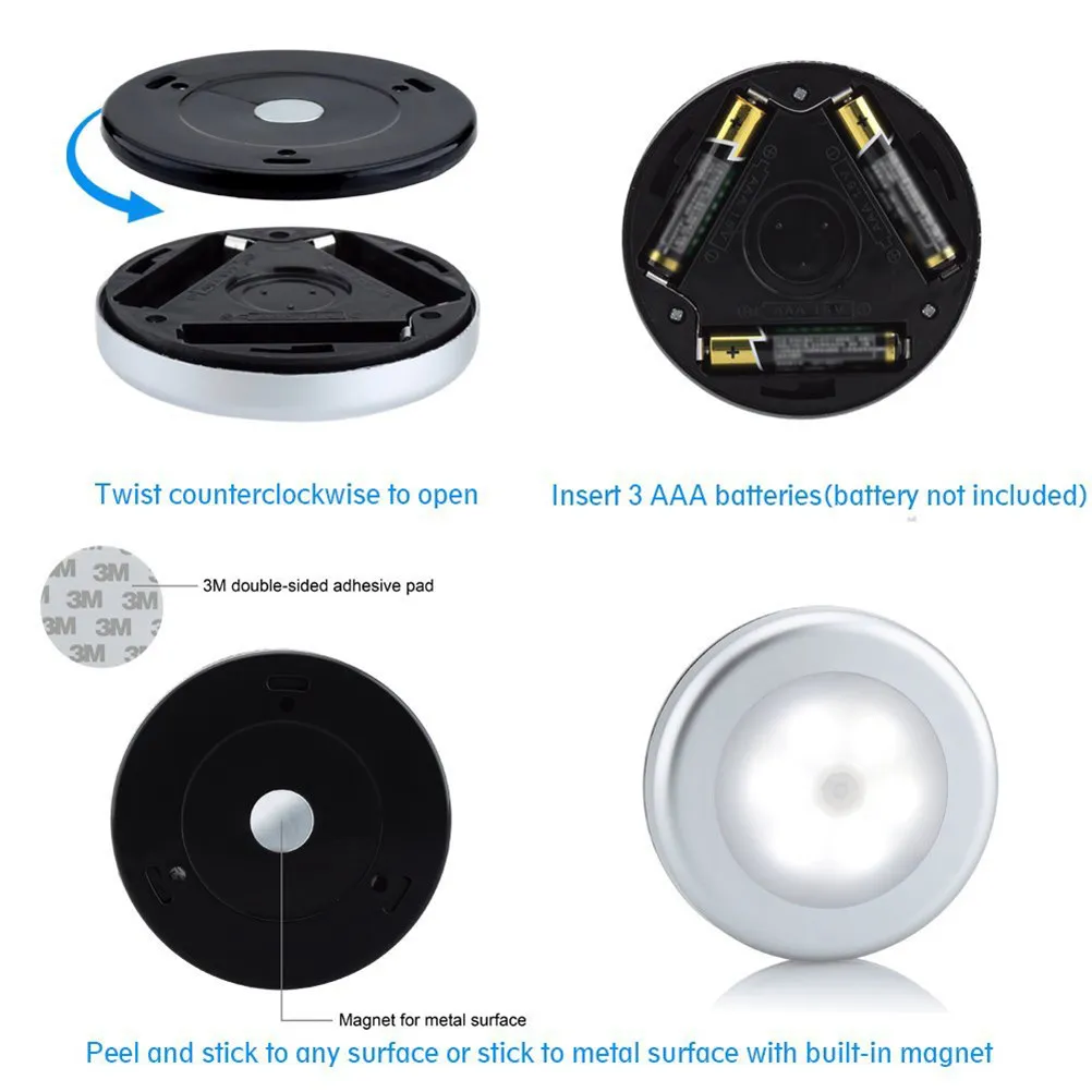 

3Pcs LED Sensor Night Lights White Battery Operated Automatic Motion Ir Wall Light for Hallway Stairway Closet