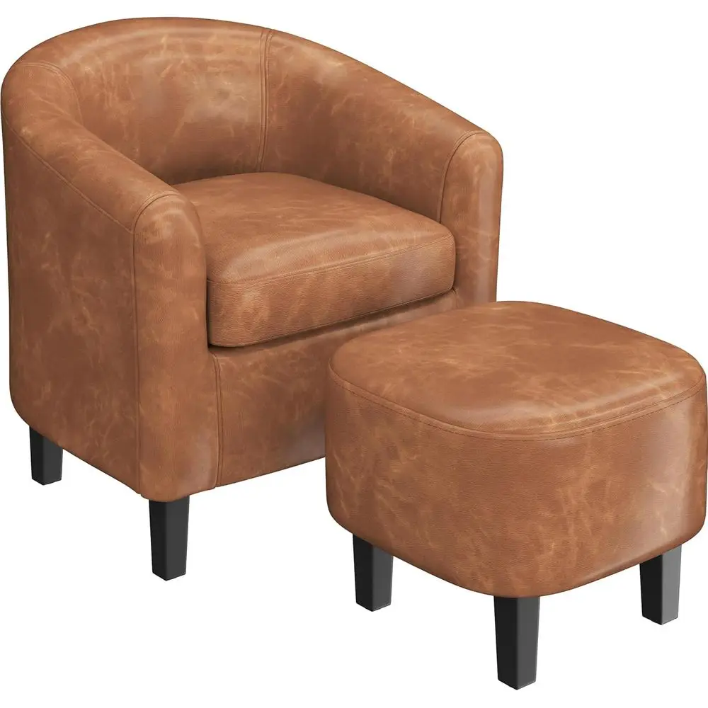 Barrel Chair with Ottoman Set, aux Leather Accent Chair with Sot Padded and Sturdy Legs or Living Room/Bedroom/Study/Waiting Roo