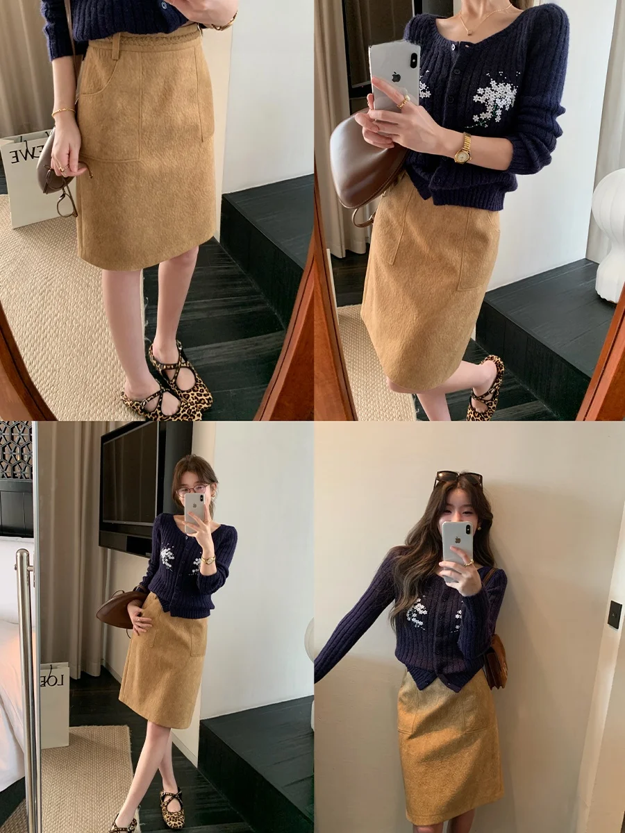 MUKOK Retro Woven Heavyweight Suede Straight  Skirt for Women High Waist Knitted Polyester Fiber Daily Wear Autumn Winter...