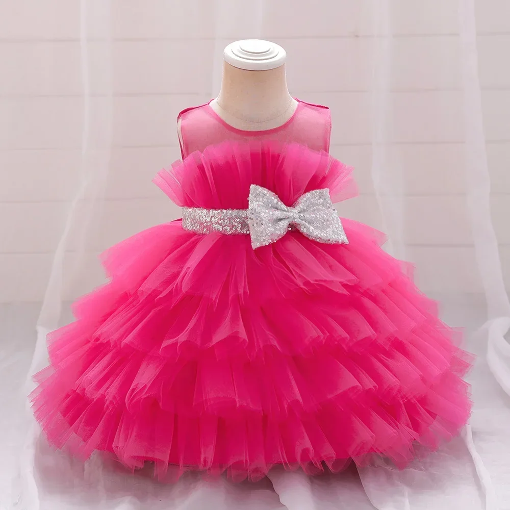 

Fluffy Pink Wedding Party Dresses for Baby Toddler Bow Sequin Tulle 1st Birthday Baptism Princess Girls Dress Wedding Gown 2-8 Y