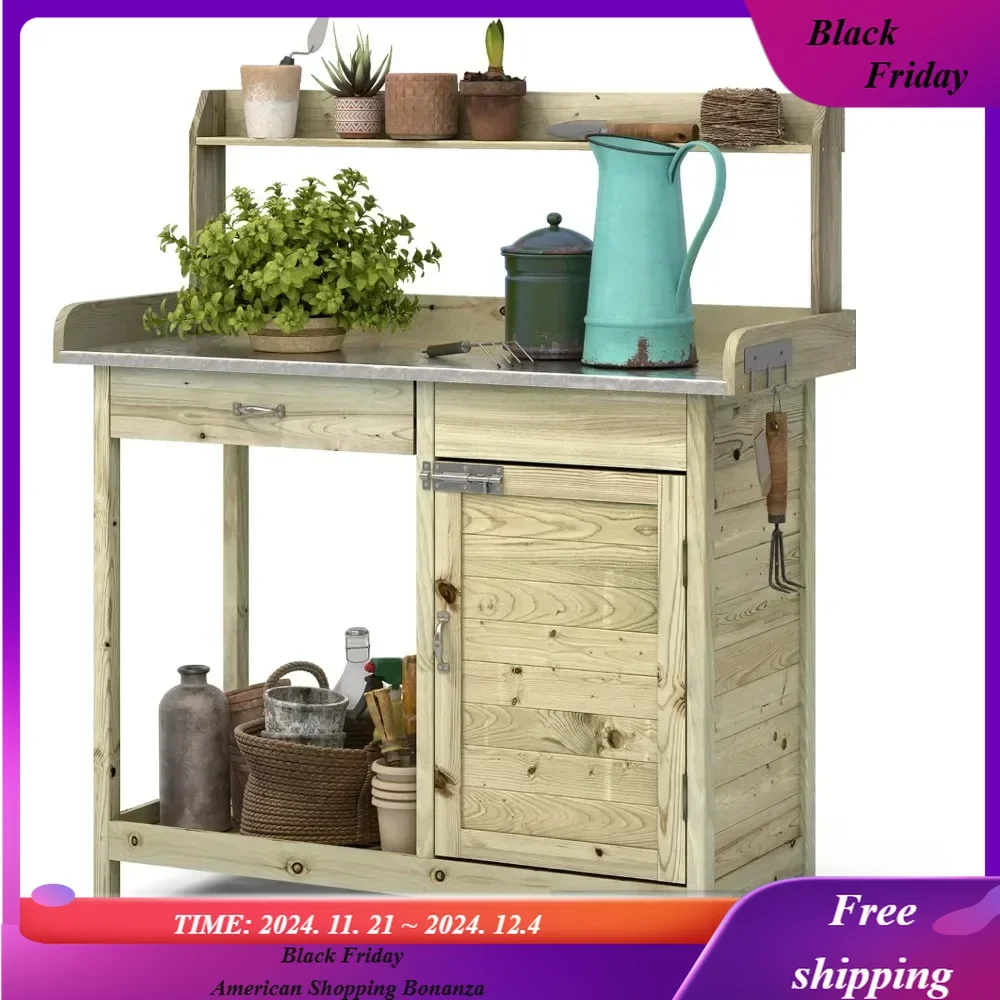 

Wooden Potting Bench Tables, Fir Work Station Table Outdoor Garden Potting Table with Cabinet, Hook, Storage Bottom Shelf