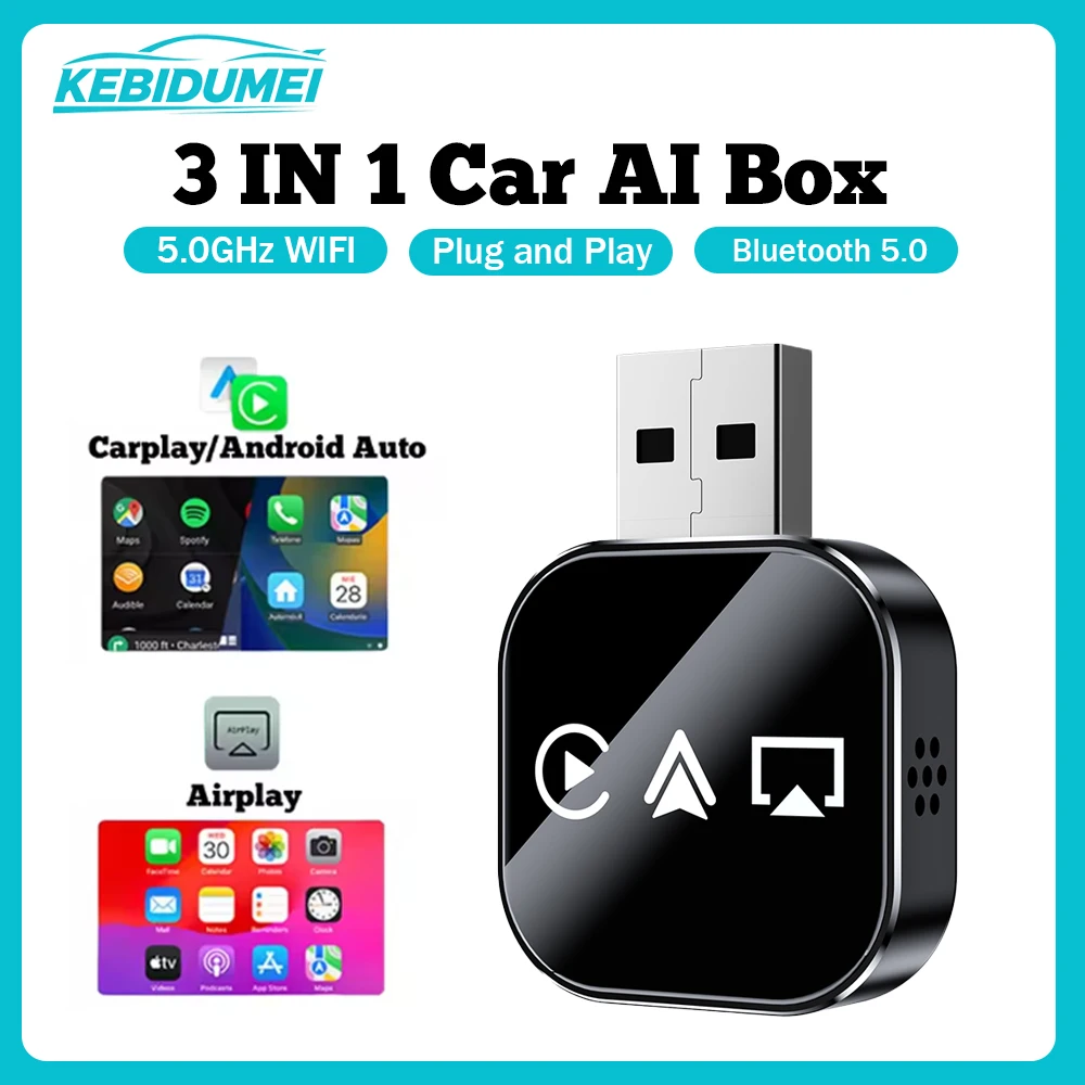 KEBIDUMEI Q1AS Scatola AI per auto 3 in 1 cablata a WiFi wireless Carplay Plug & Play Adattatore Android Auto Airplay MirrorLink Smart Dongle