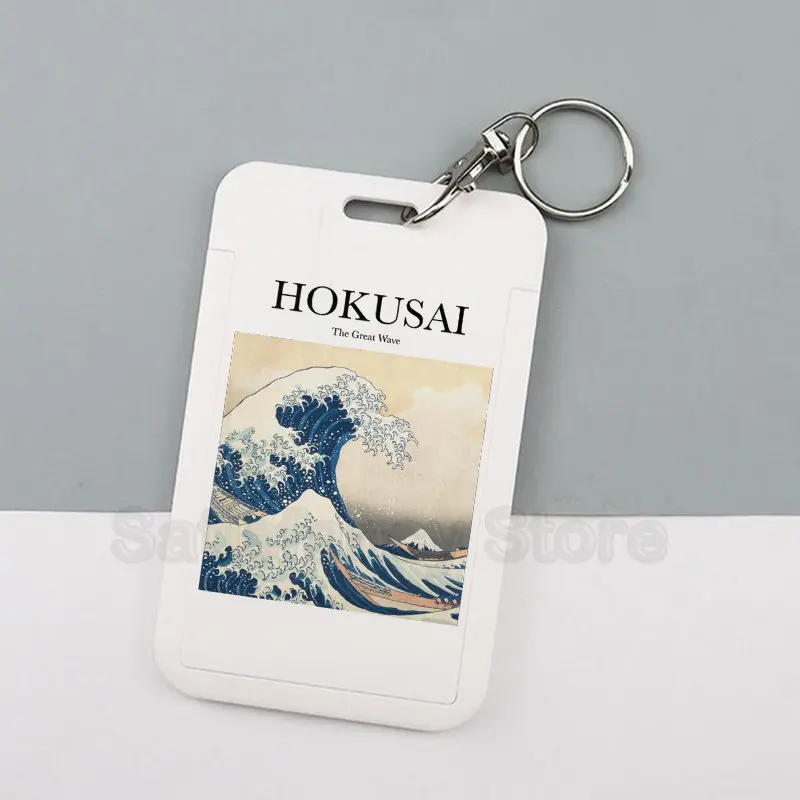 Aesthetic Art Keychain Card Holder Hokusai The Great Wave Keychains Business Holders Bank Bus ID Credit Cards Key Ring Chains