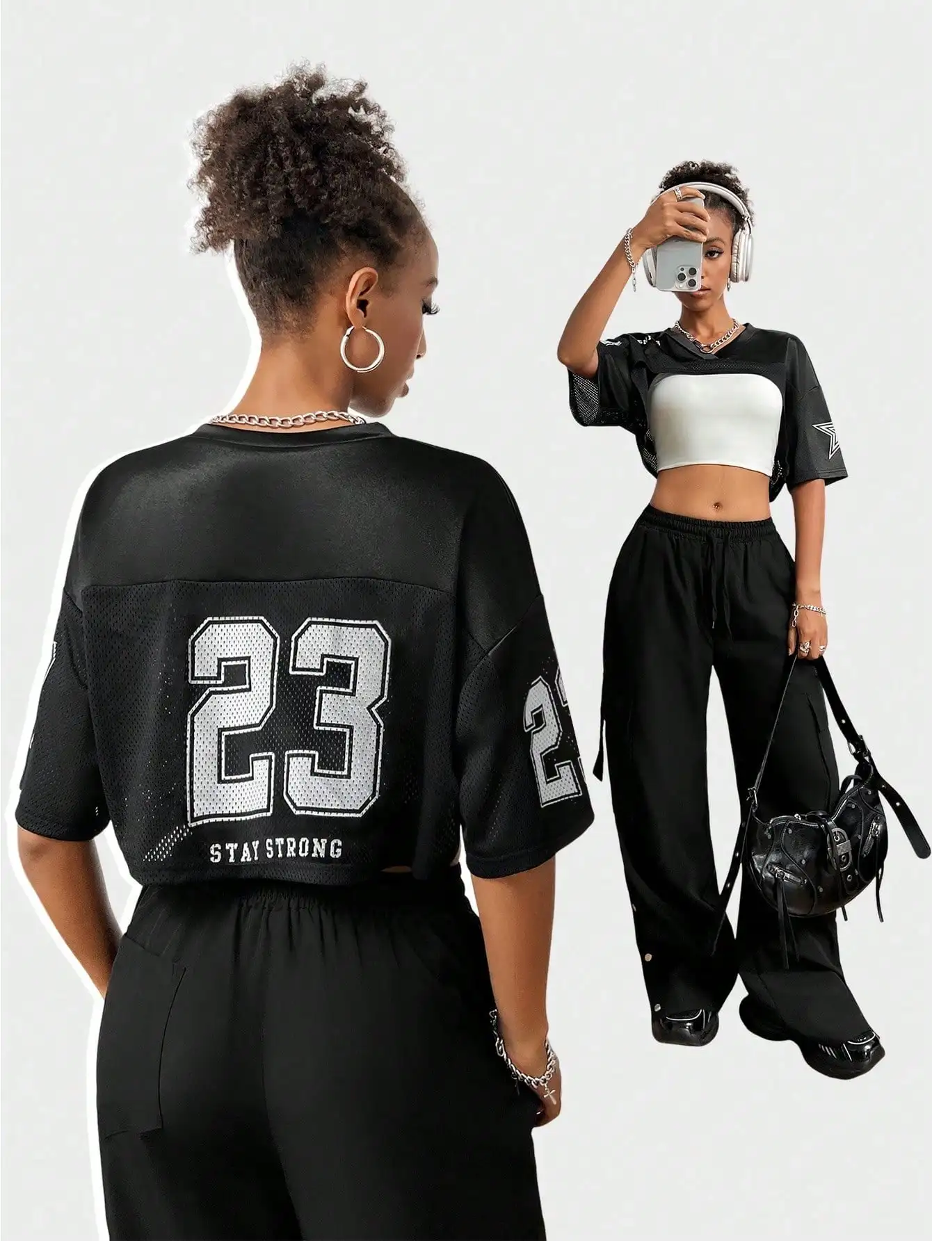 

Women's Y2K Streetwear Crop Jersey T-Shirt with Number 23 Print and Mesh Panels
