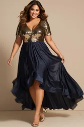 Flycurvy Plus Size Mother Of The Bride Navy Blue Metallic High Low Hem Glitter Maxi Dress