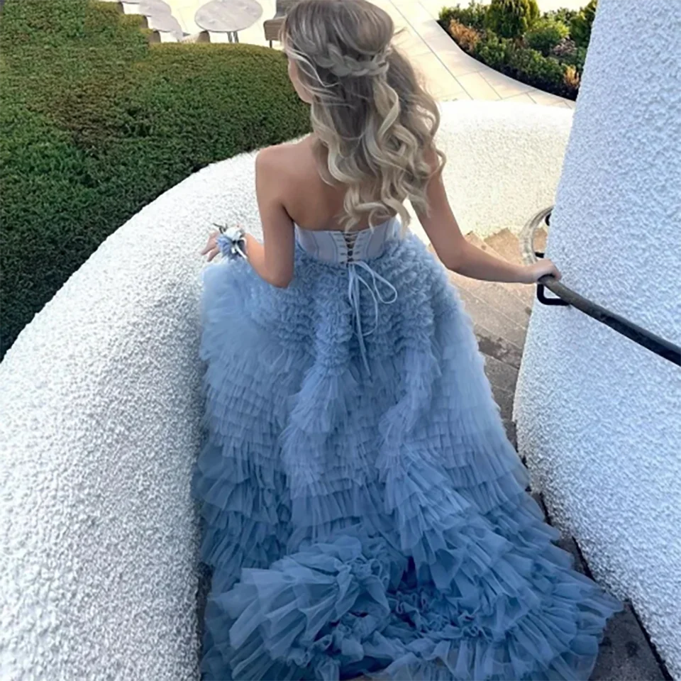 Customized Charming Sweet Dusty Blue Strapless Multi-layered Ruffles Evening Wedding Dress 2024 Floor Length Formal Bridal Gowns