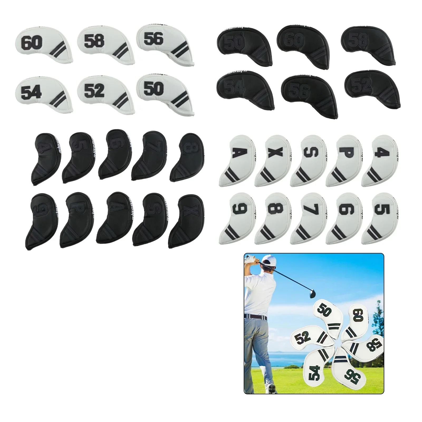 10Pcs PU Leather Golf Iron Head Covers Protector 4/5/6/7/8/9/P/A/S/X,6Pcs Golf Wedge Club Headovers 50/52/54/56/58/60 Degree Set