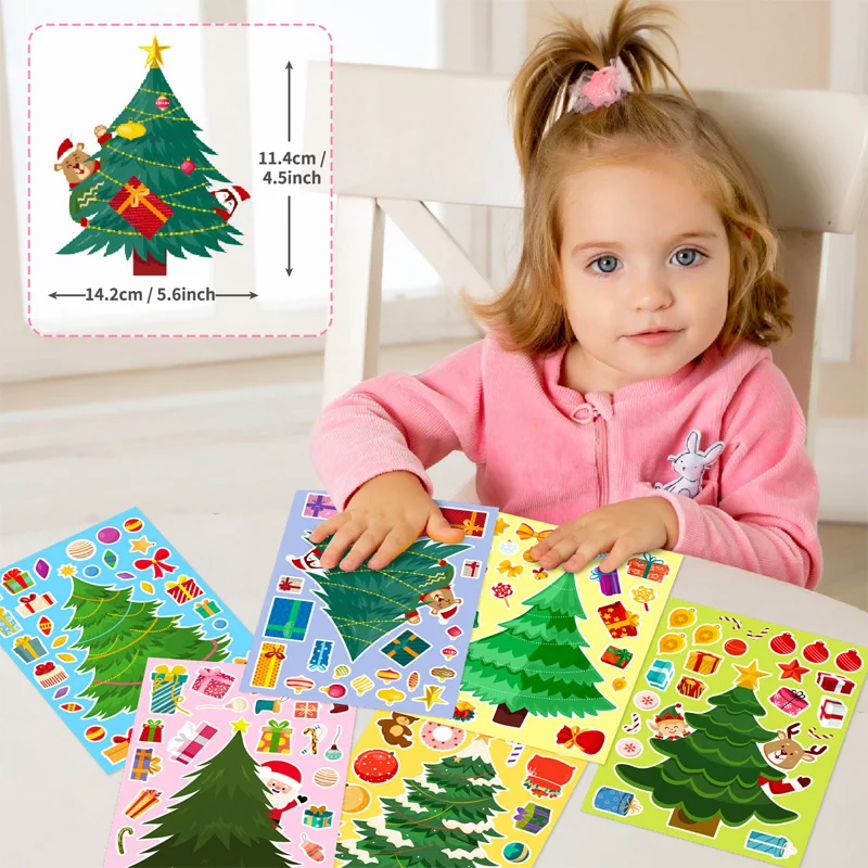 6 Sheets/Set Christmas Tree Stickers Kids Handmade DIY Puzzle Sticker Make a Xmas Tree Stickers Gift Decoration Decal