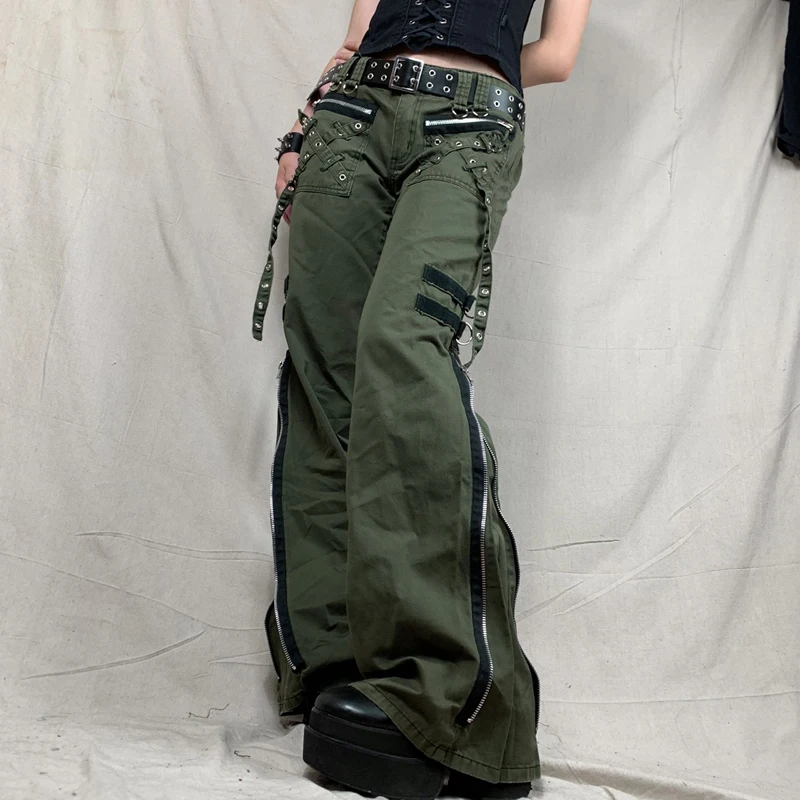 

Bandage Low Waist Cargo Pants Gothic Punk Baggy Retro Kawaii Trousers Grunge Green Zipper Jeans Women Korean Sweatpants