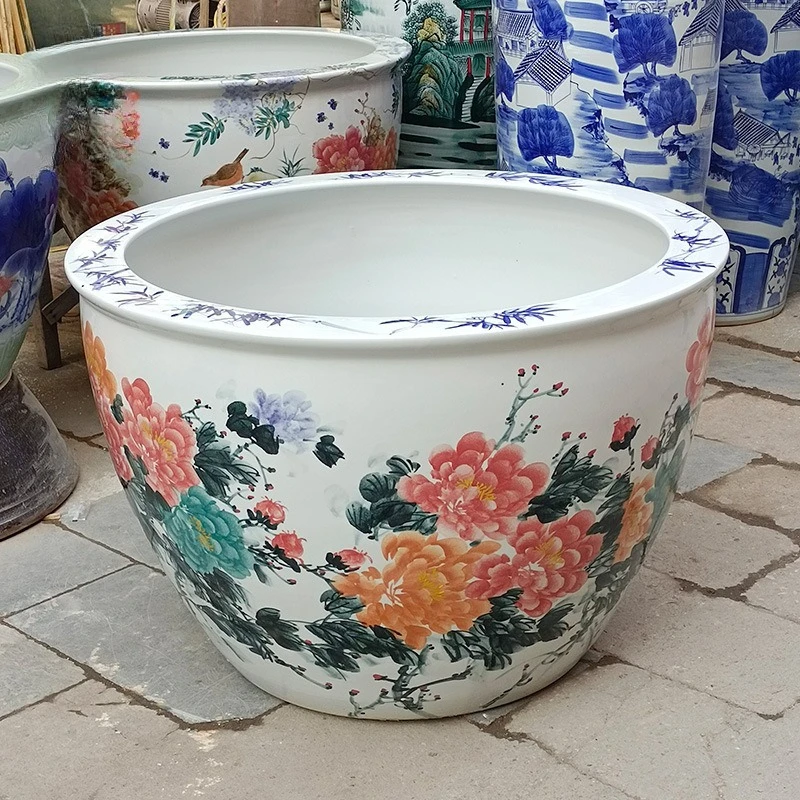 Ceramic fish tank hand-painted lotus flower peony large flower tank garden transplanting flower pot