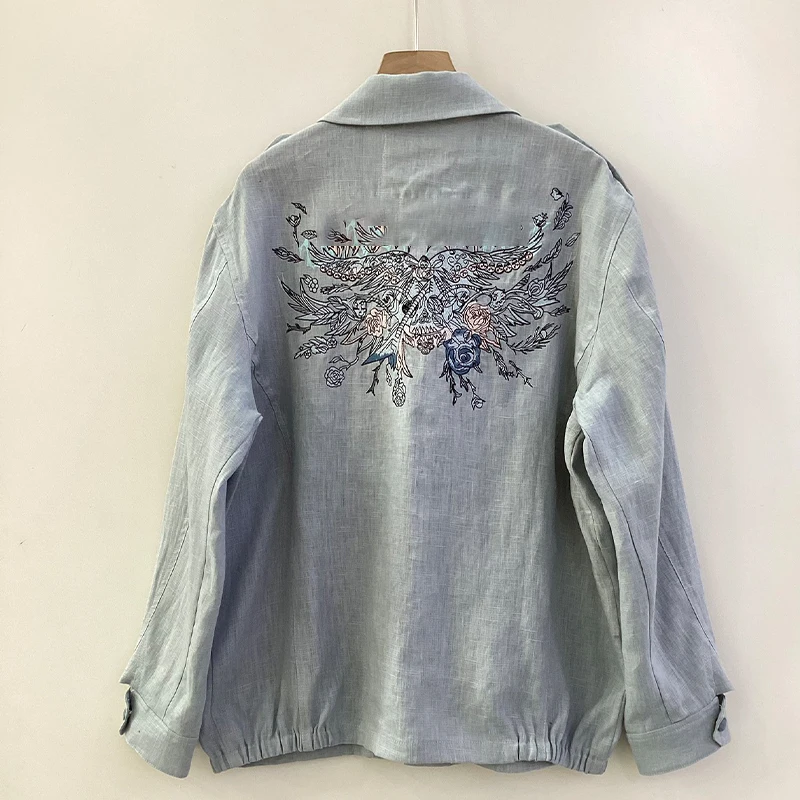 Zadig Light Blue Jacket Women Embroidery Denim Jacket Female Linen Turndown Collar Long Sleeve Tops Denim Jackets Streetwear