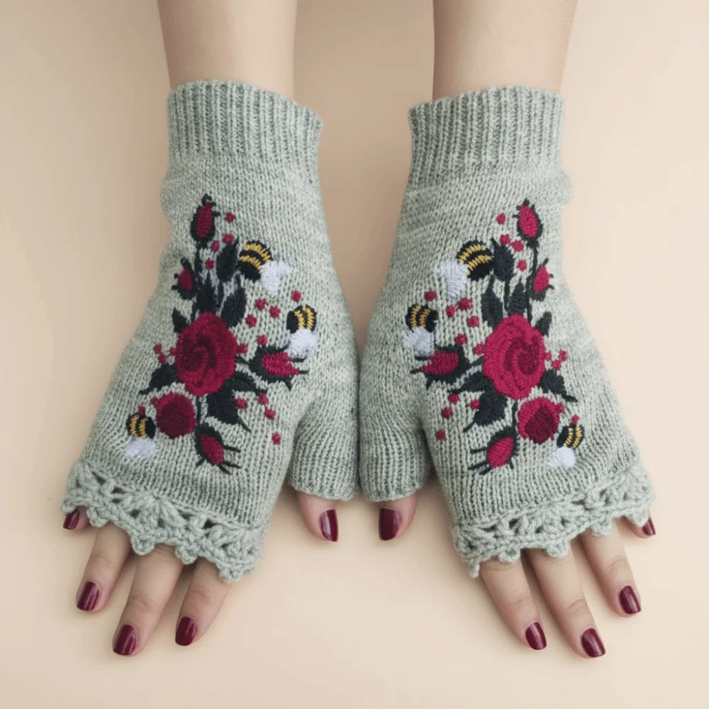 Cute Vintage Embroidery Knitted Gloves Floral Bee Winter Wool Gloves Half Finger Warm Fingerless Gloves Autumn
