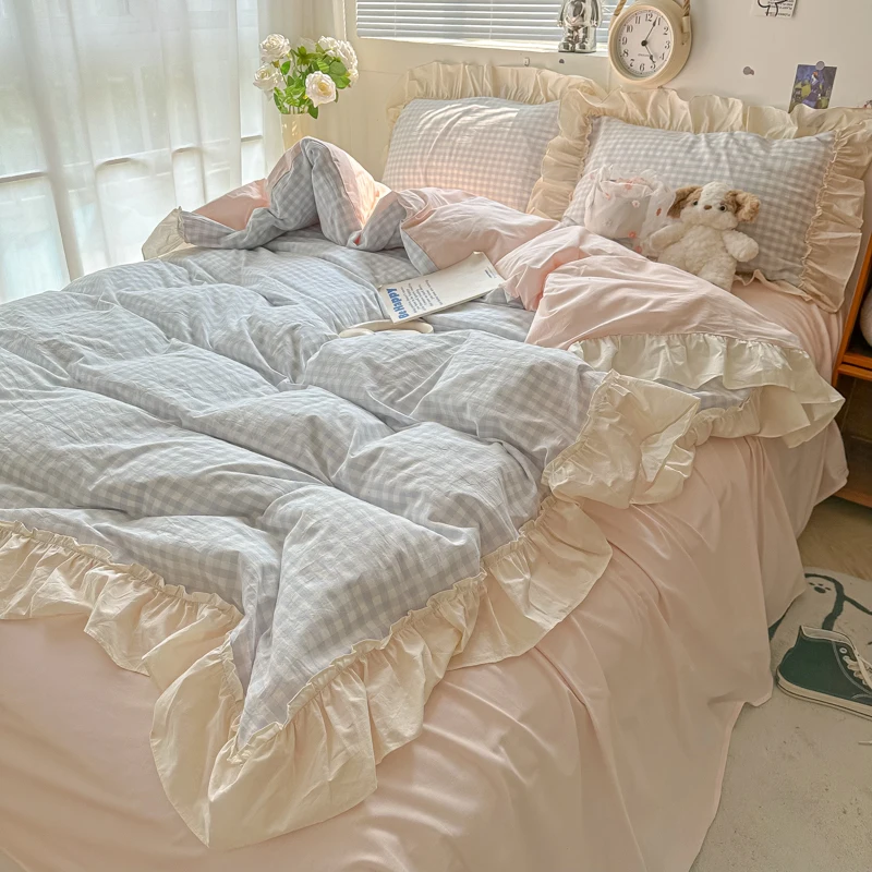 Korean Princess Style Bedding Set Soft Skin-friendly Lattice Lace Ruffles Quilt Cover Plaid Style Duvet Covers Set Pillowcases