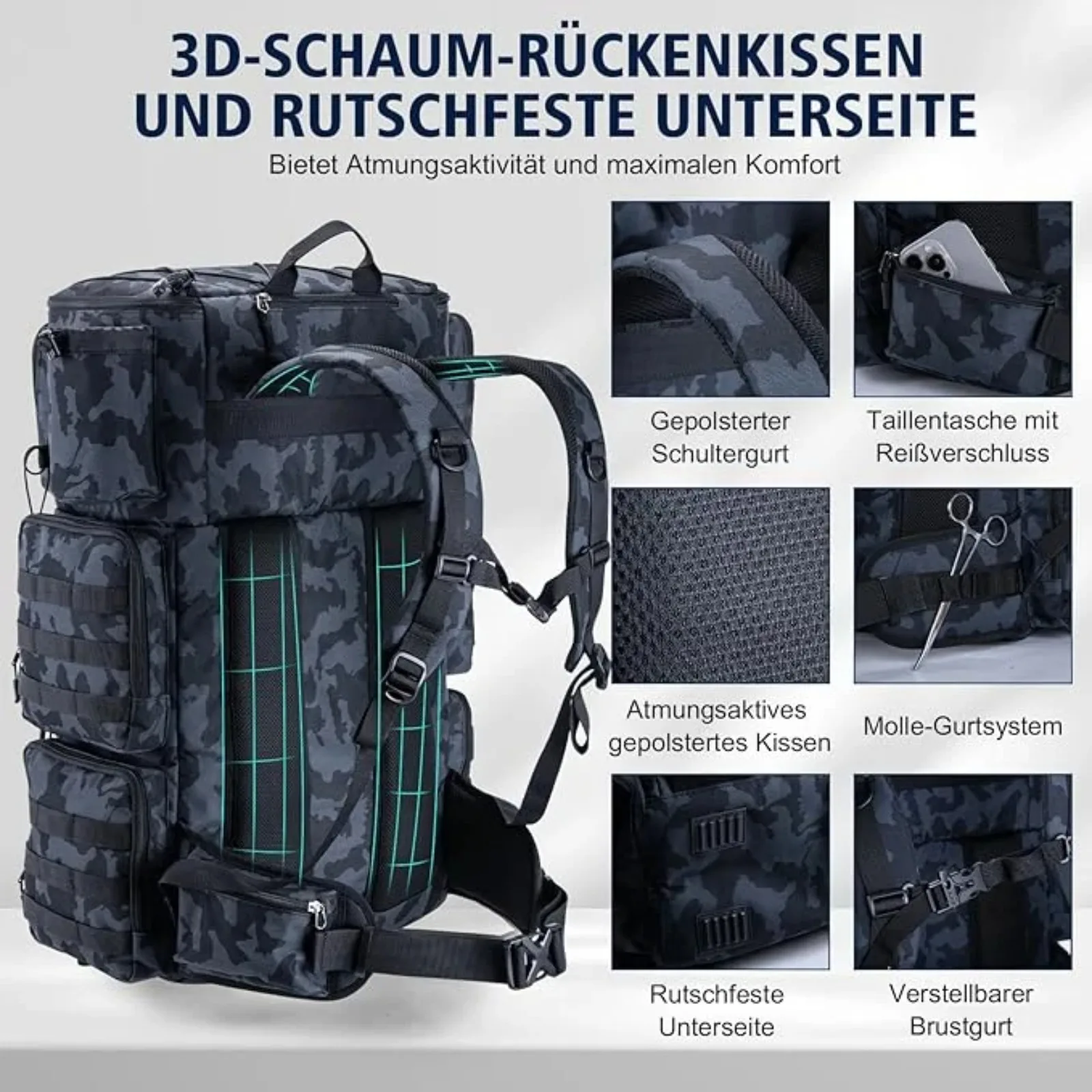 72L Waterproof Tackle Organizer Bag Rod Holder Detachable Divider Breathable Back for Outdoor Fishing Camping Hiking Use