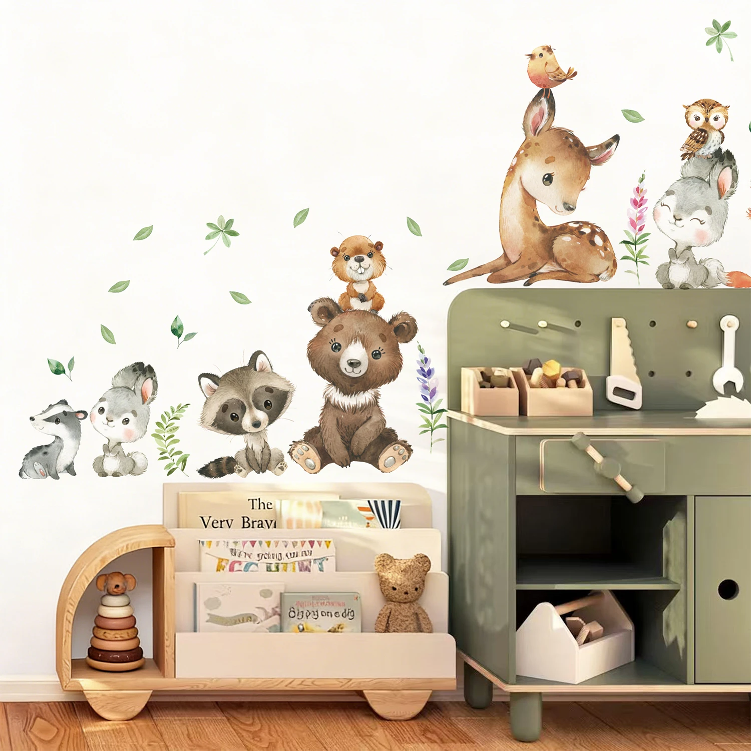 Cartoon Cute Animals Buuny Bear Removable Peel and Stick Wall Stickers Baby Nursery Kids Boys Bedroom Living Room Decorative