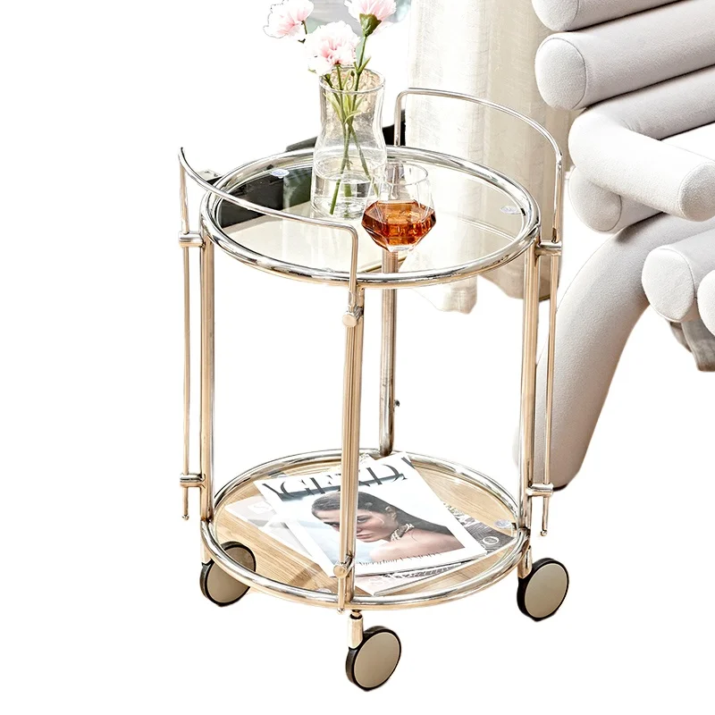 

ultra-white glass cart, movable balcony coffee table by the living room, universal aluminum alloy wheel