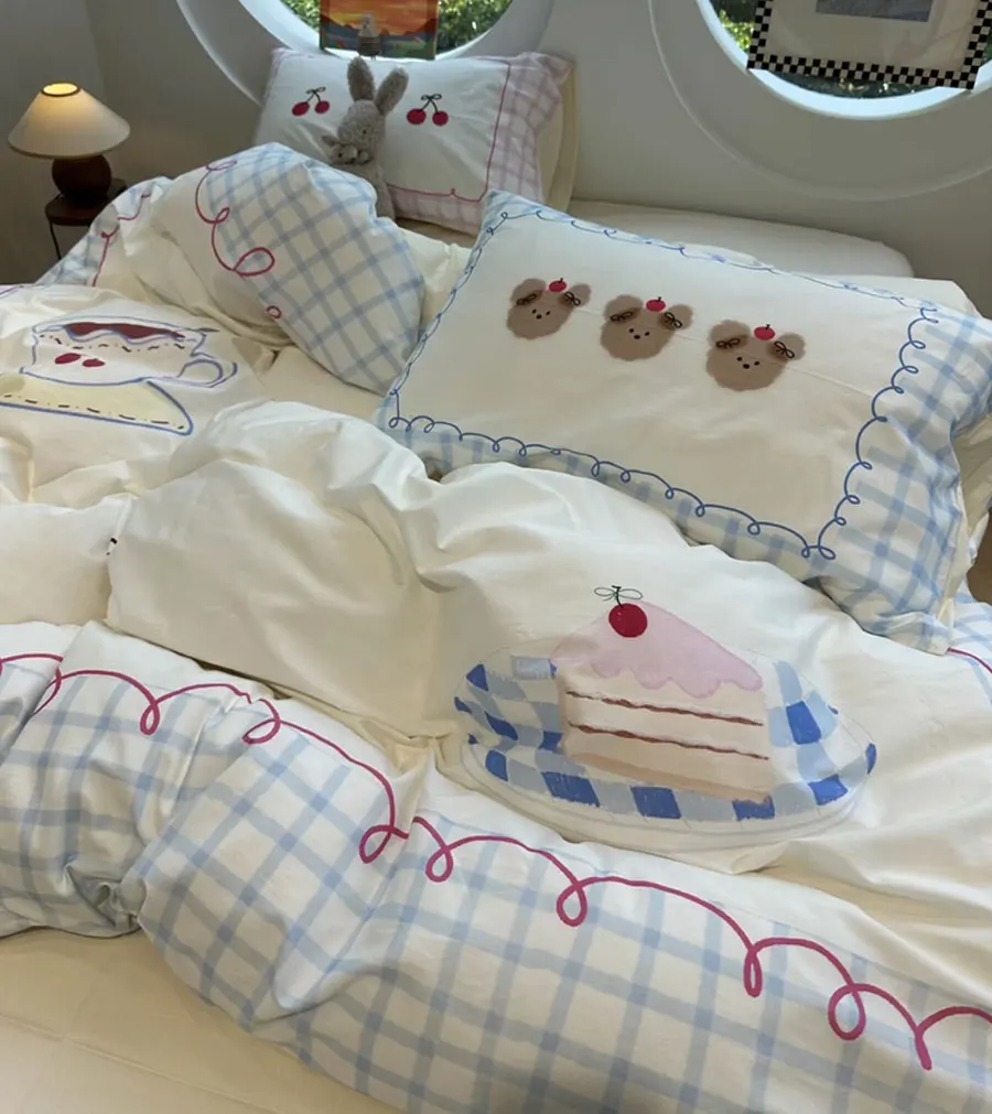 Cute cartoon bear cake bow bedding set 1.5 1.8 kid teen,full queen lovely cotton home textile bed sheet pillowcase quilt cover