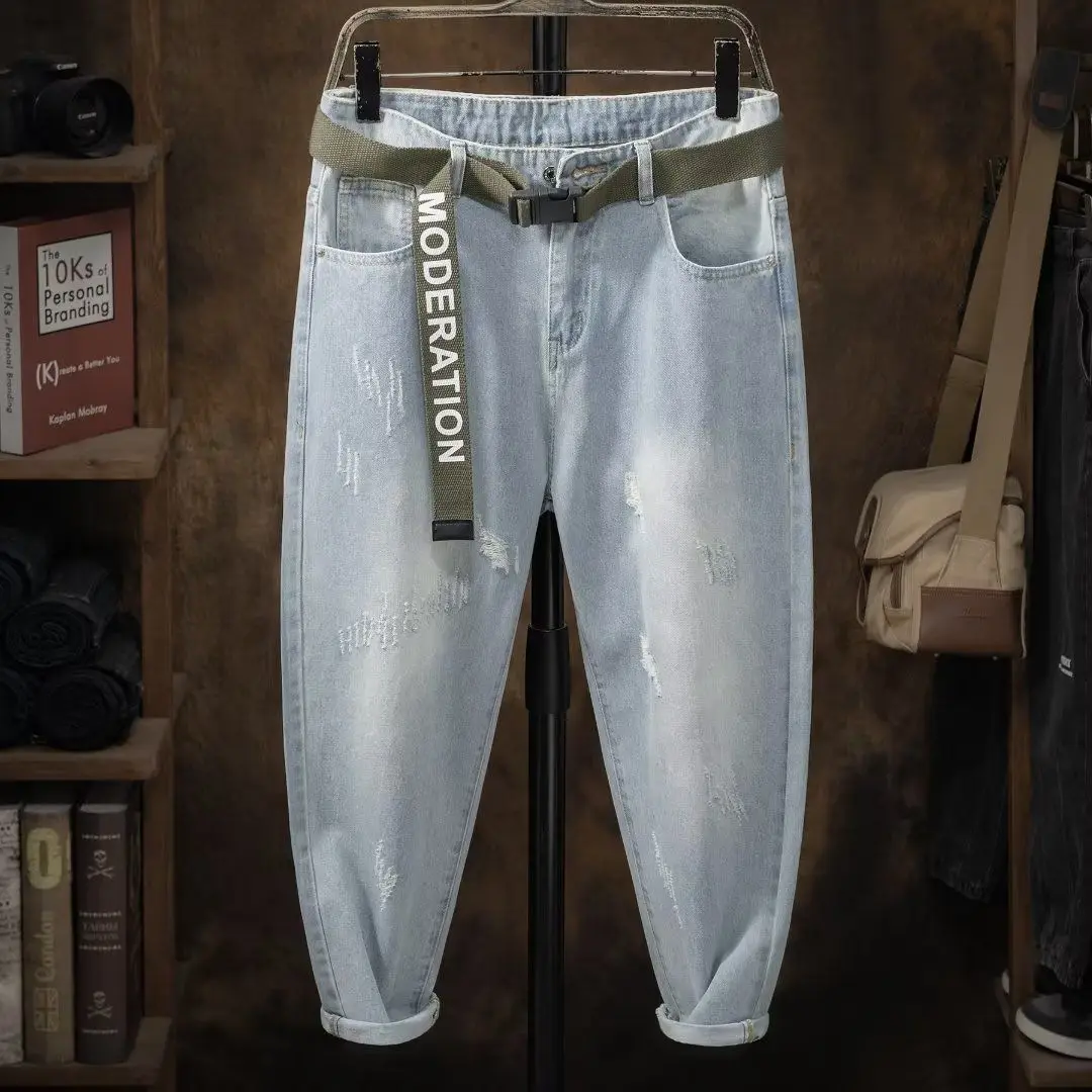 Trendy Brand Light-colored Men's Jeans Spring and Summer New 2026 Popular Loose Blue Foot Micro-cone Ripped Harlan Pants