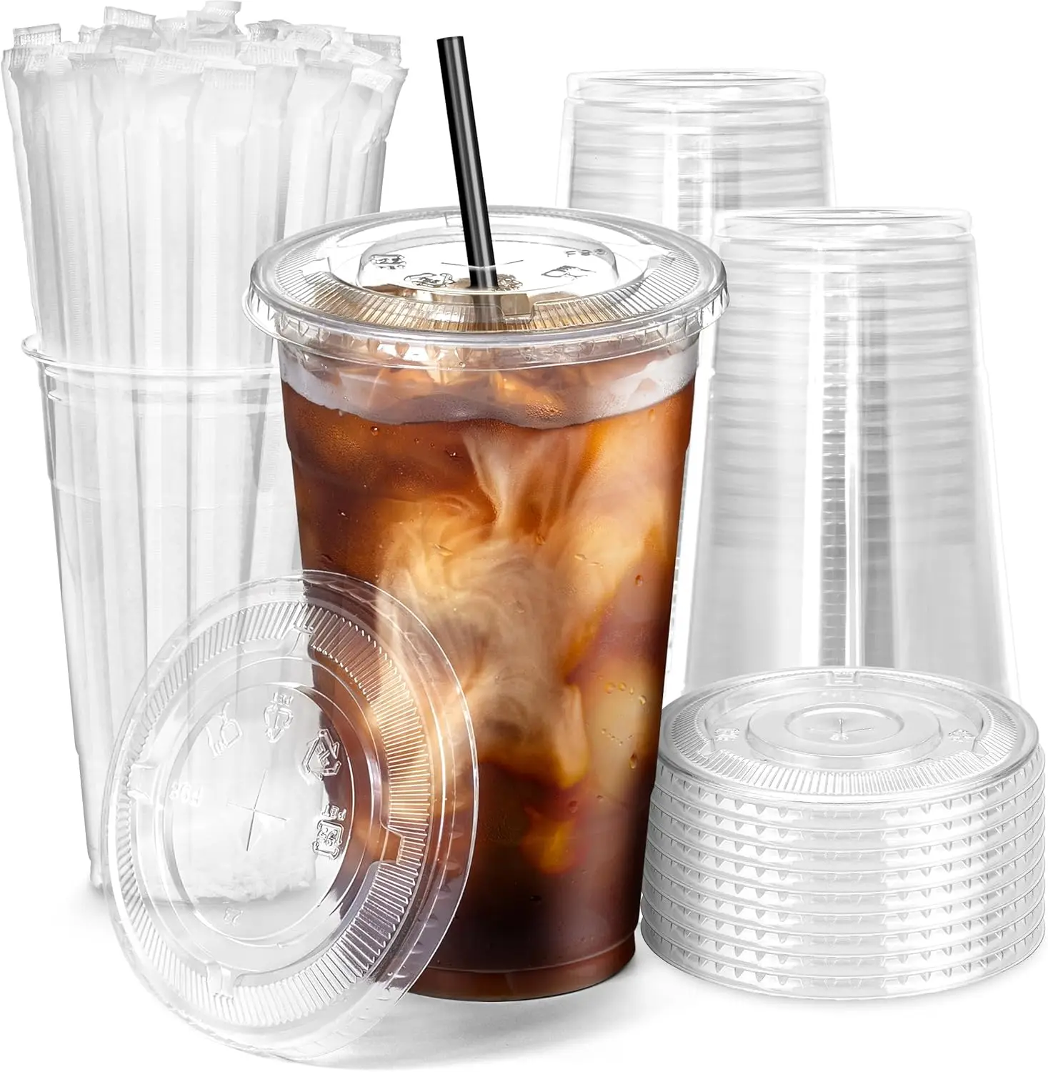 

200 Pack 20/24 oz Plastic Iced Coffee Cups with Flat Lids and Black Straws Disposable Clear Cup BPA Free Cup for Party or Shop