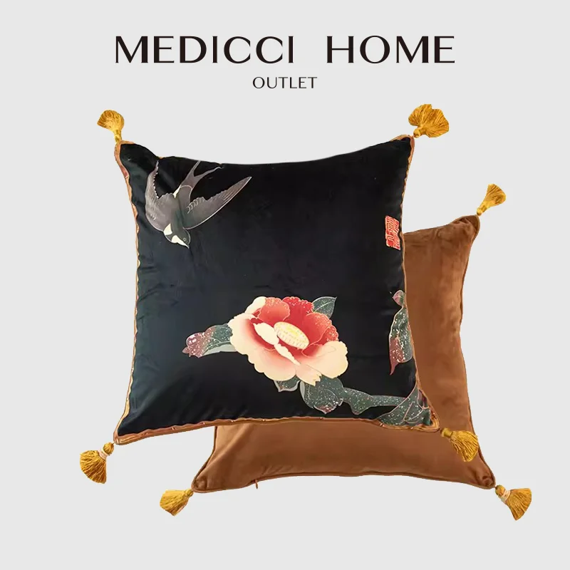 Medicci Home Swallow And Peony Flowers Square Cushion Cover Upholstery Trends Luxury Oriental Ornamental Pillow Case With Tassel