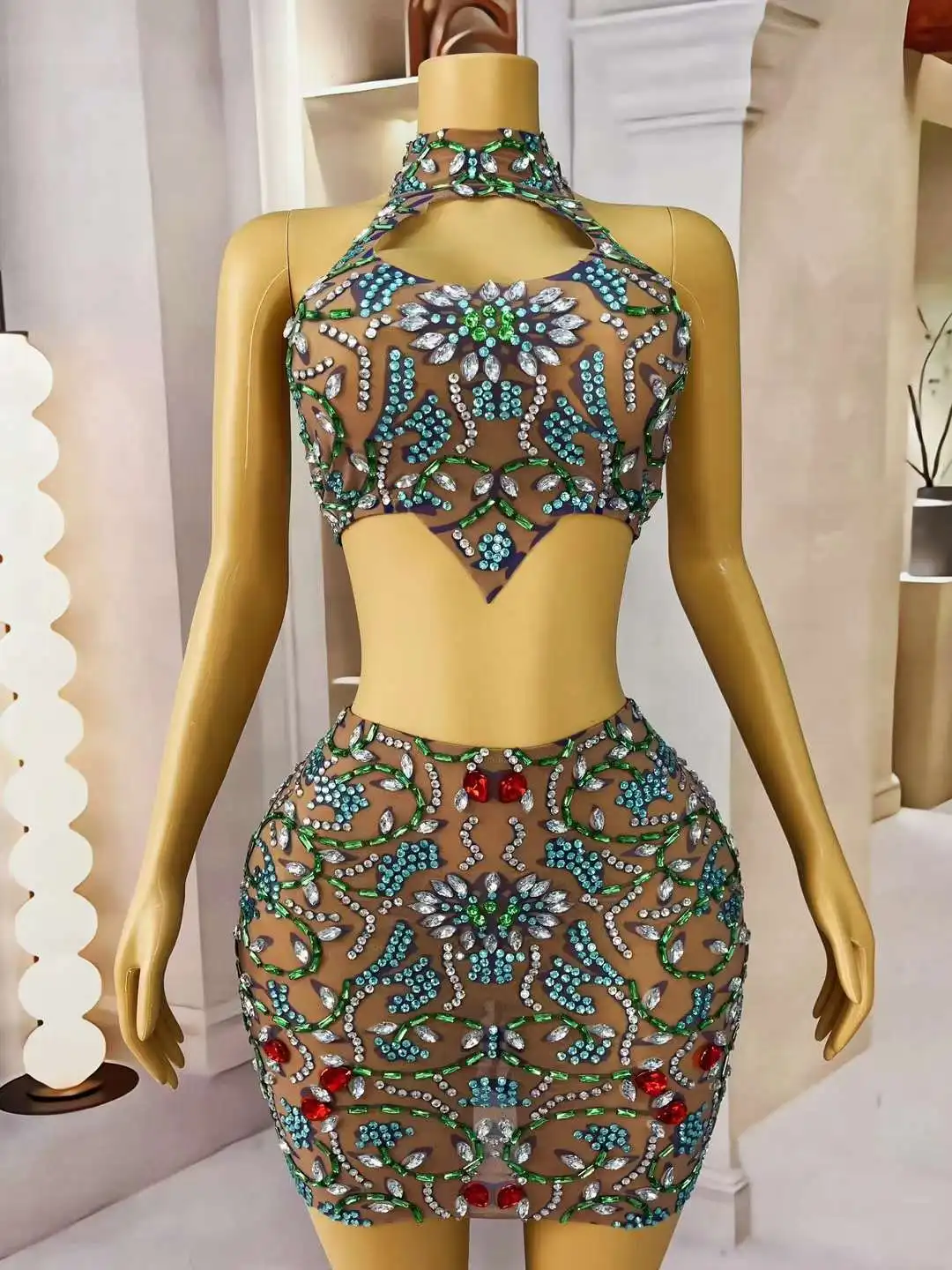 Sexy Shining Rhinestone Crop Top Short Skirt Set Two Pieces Women's Stage Performance Outfit Vintage Nightclub Dance Costume