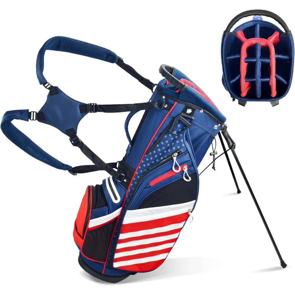 

Golf Stand Bag, Lightweight 14 Way Top Dividers Golf Carry Bag with 8 Pockets, USA Stars & Stripes Golf Bag for Club