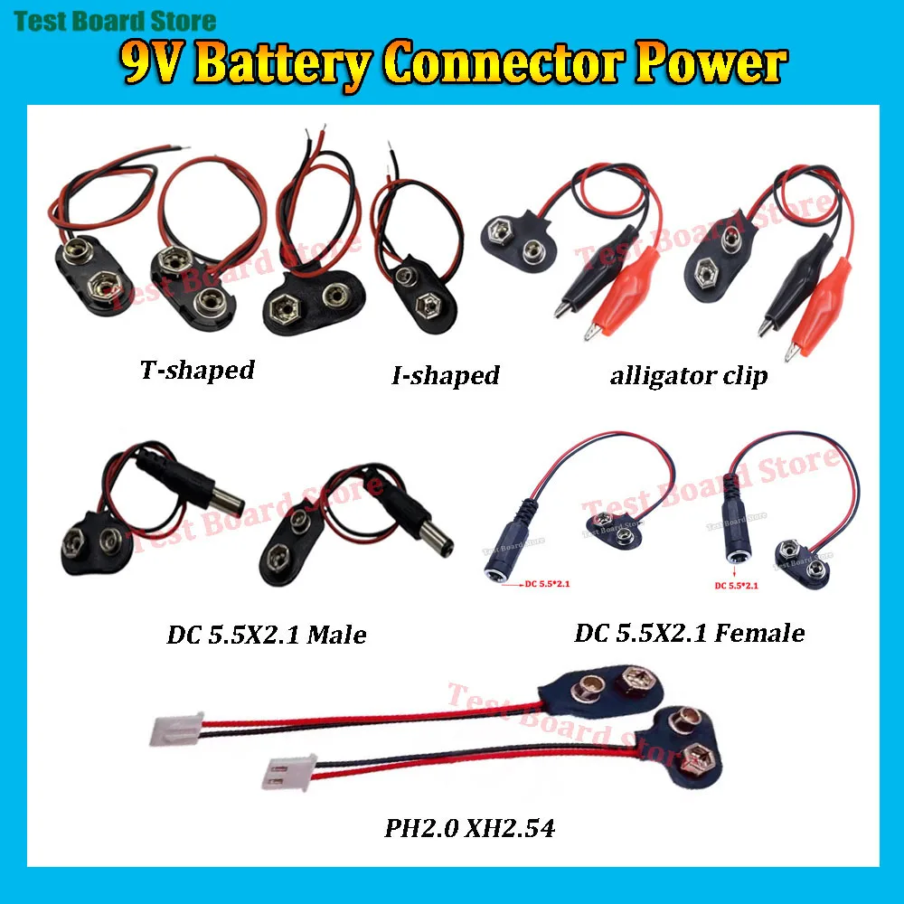 

9V Battery Connector Power Clips with PH2.0 XH2.54 DuPont DC 5.5X2.1 Male and Female Adapter Cable 9 Volt Battery Holder DIY