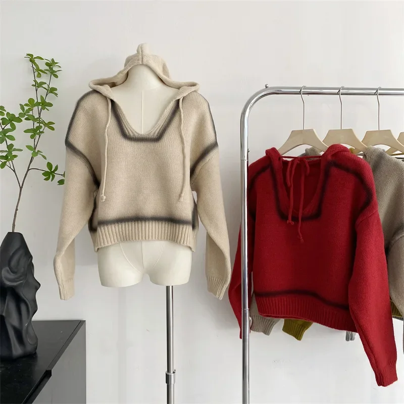 

Korean V-neck Long-sleeved Sweater Knitted Hooded Pullover Sweater Women Trends 2024 Women's Jumper Knitwears Women Sweater