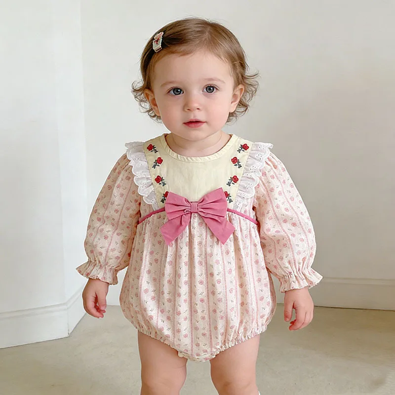 Spring Baby Romper New Korean Style Butterfly Knot Floral Sweet Bottom Covering Harie Baby Outfit Crawling Clothes Jumpsuits